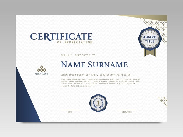 Plantilla de certificado de diseño moderno con simple elegante y lujoso en tamaño A4 horizontal