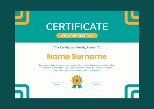 Plantilla de certificado diseño plano moderno y limpio verde amarillo