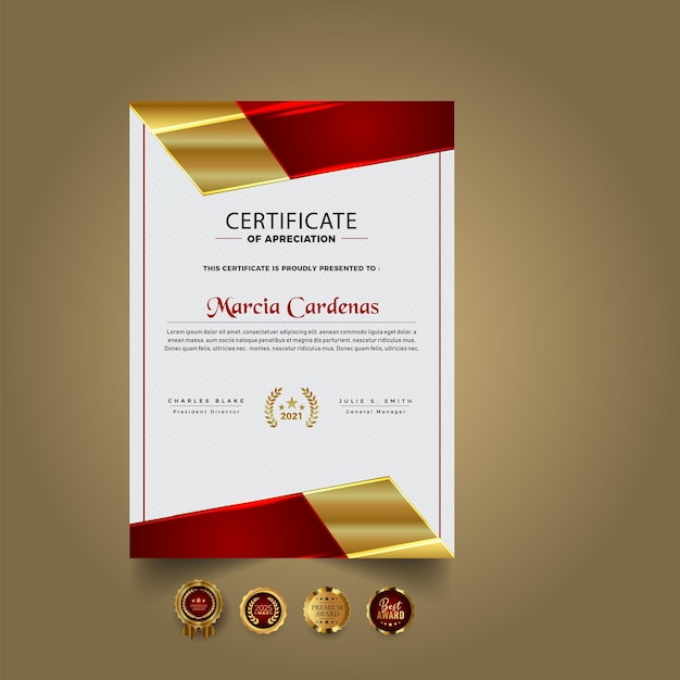Plantilla de certificado dorado y rojo