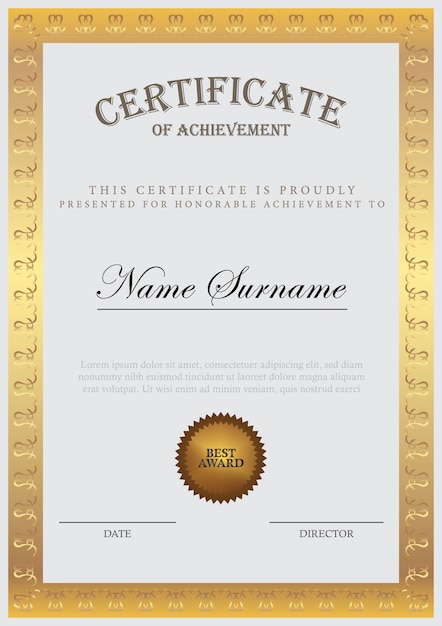 Plantilla de certificado con elemento dorado y diseño moderno, diploma