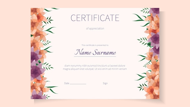 Plantilla de certificado floral de flores para el diploma de graduación de logros