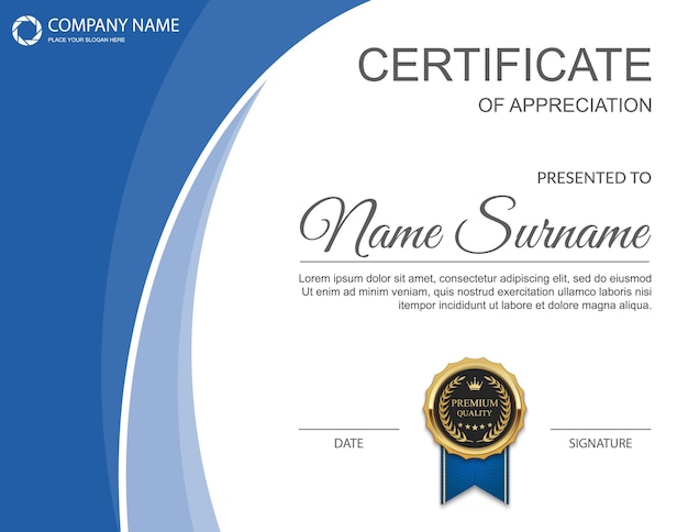 Plantilla de certificado horizontal azul y blanco con medalla