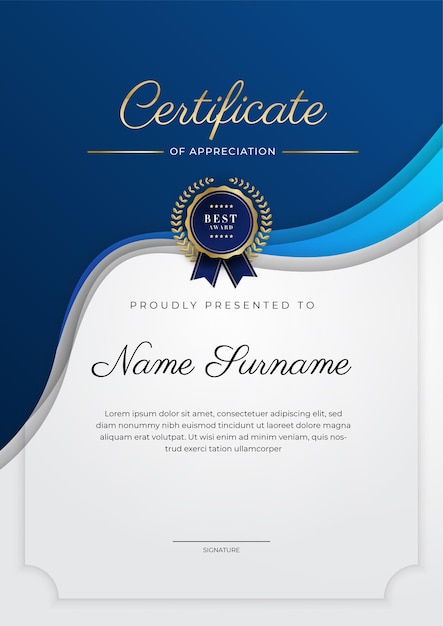 Plantilla de certificado de logro azul y dorado con insignia dorada y borde