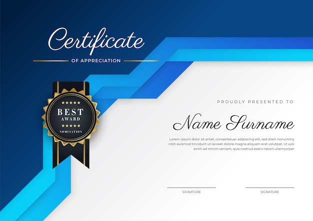 Plantilla de certificado de logro azul y dorado con insignia dorada y borde