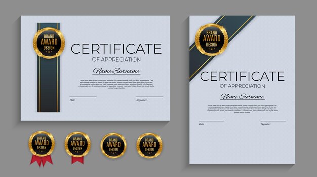 Plantilla de certificado de logro azul y dorado con insignia dorada a