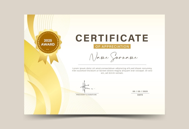 Plantilla de certificado de logro de efecto geométrico dorado resumen blanco de lujo