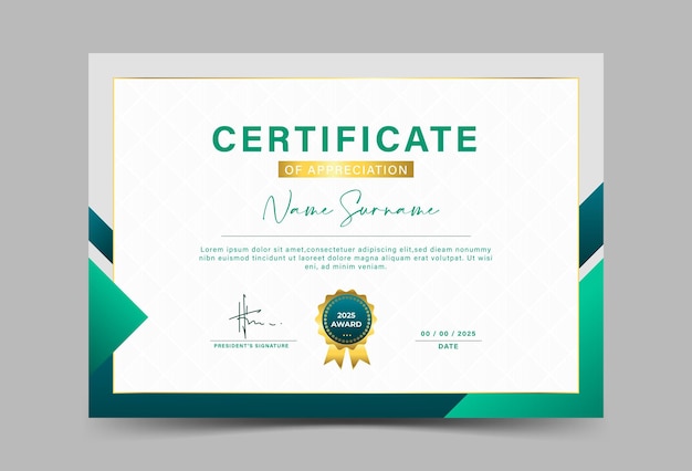 Plantilla de certificado de logro de efecto geométrico verde y dorado Ilustración vectorial de color suave