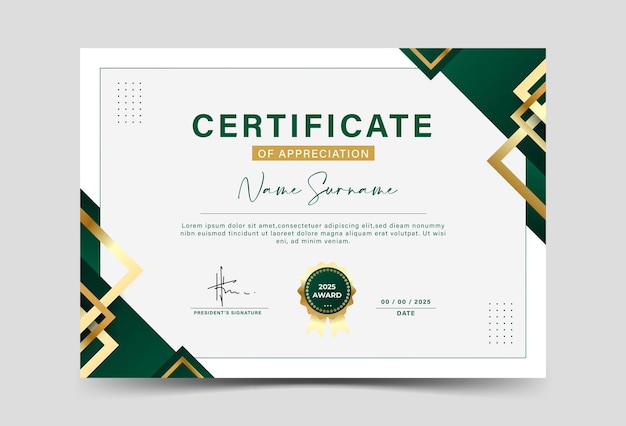 Plantilla de certificado de logro de efecto geométrico verde oscuro y dorado Efecto de patrón