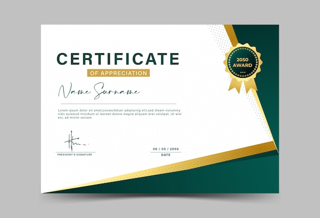 Plantilla de certificado de logro de efecto geométrico verde oscuro y dorado