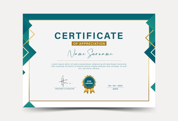 Plantilla de certificado de logro de efecto geométrico verde oscuro y dorado
