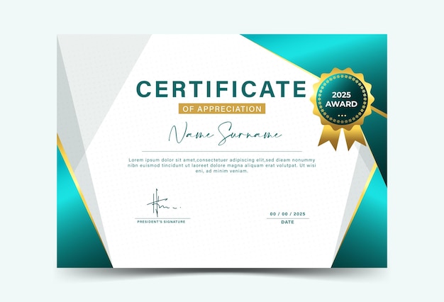 plantilla de certificado de logro de efectos geométricos de color verde brillante y dorado