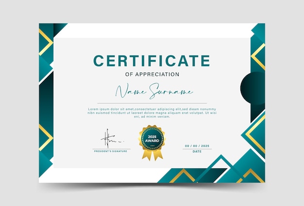 Plantilla de certificado de logro de efectos geométricos verde oscuro y dorado Abstracto del marco del patrón