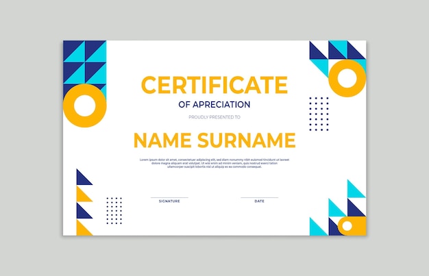 Plantilla de certificado de logro con fondo de mosaico de forma geométrica para apreciar las necesidades comerciales y educativas