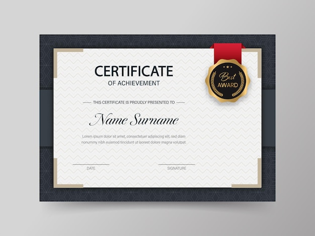 Plantilla de certificado de logro con insignia de medalla y patrón de línea en zigzag en color blanco y negro