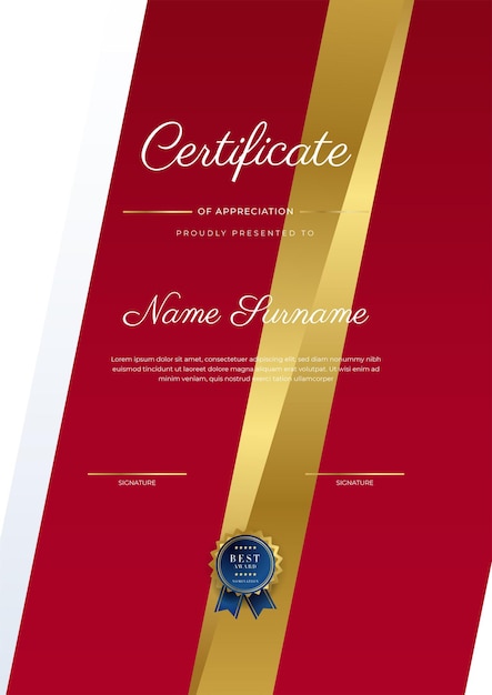 Plantilla de certificado de logro moderno y elegante rojo y dorado con insignia dorada y borde diseñado para el diploma de la escuela universitaria de negocios antecedentes y corporativos