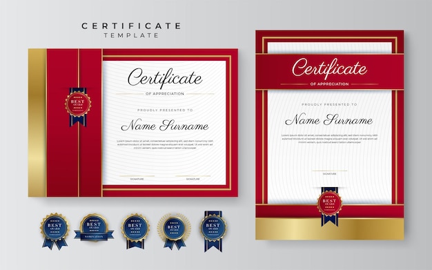Plantilla de certificado de logro moderno y elegante rojo y dorado con insignia dorada y borde Diseñado para el diploma de la escuela universitaria de negocios antecedentes y corporativos