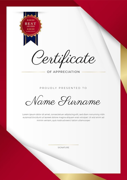 Vector plantilla de certificado de logro moderno y elegante rojo y dorado con insignia dorada y borde diseñado para el diploma de la escuela universitaria de negocios antecedentes y corporativos