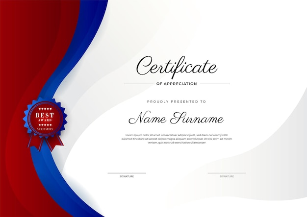 Vector plantilla de certificado de logro moderno rojo negro azul con insignia dorada y borde plantilla de certificado con insignia de lujo y patrón de línea moderno para las necesidades de negocios y educación de premios