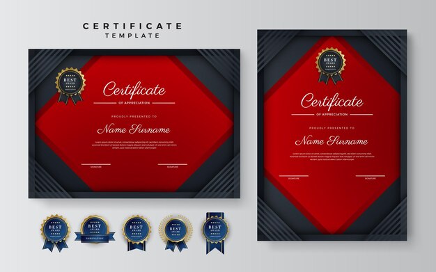 Plantilla de certificado de logro rojo y dorado con insignia dorada y borde