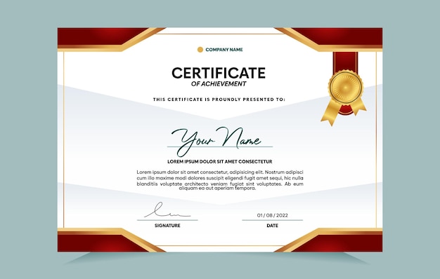 Plantilla de certificado de logro rojo y dorado con insignia dorada y borde