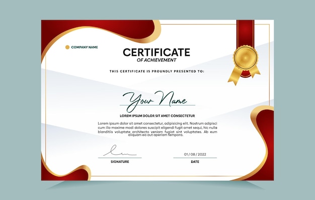 Plantilla de certificado de logro rojo y dorado con insignia dorada y borde