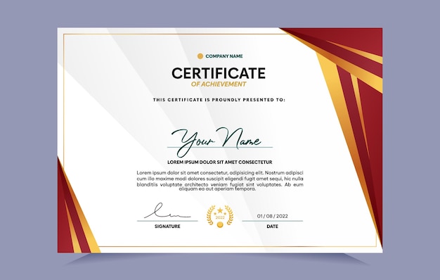 Plantilla de certificado de logro rojo y dorado. Para premios, negocios y necesidades educativas