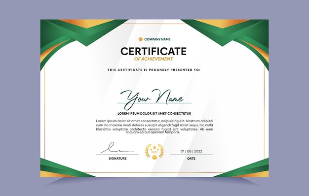 Plantilla de certificado de logro verde y dorado. Para premios, negocios y necesidades educativas
