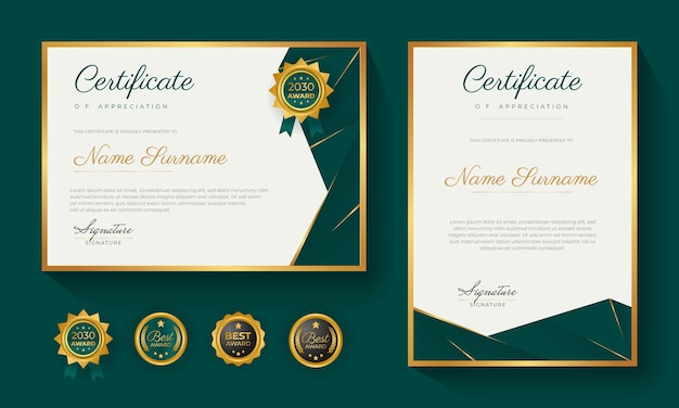 Plantilla de certificado de logro verde con insignia de oro