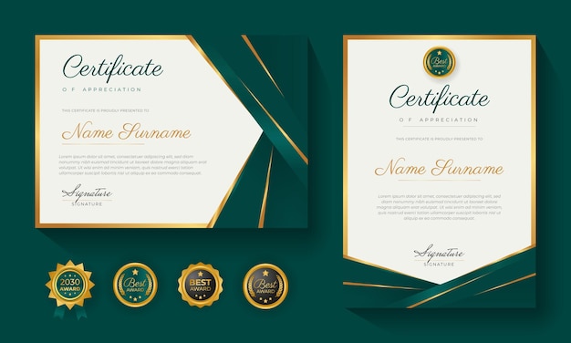 Plantilla de certificado de logro verde con insignia de oro