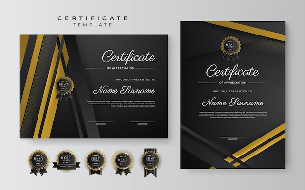 Vector plantilla de certificado de logros en negro y dorado con insignia dorada y borde