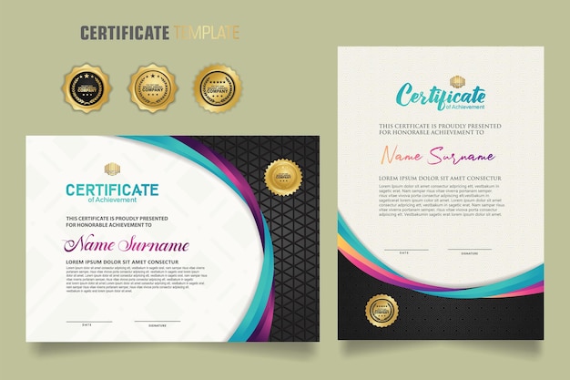 plantilla de certificado de lujo con colores dinámicos y atractivos en ornamento de forma de línea curva
