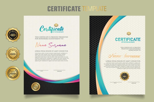 plantilla de certificado de lujo con colores dinámicos y atractivos en ornamento de forma de línea curva