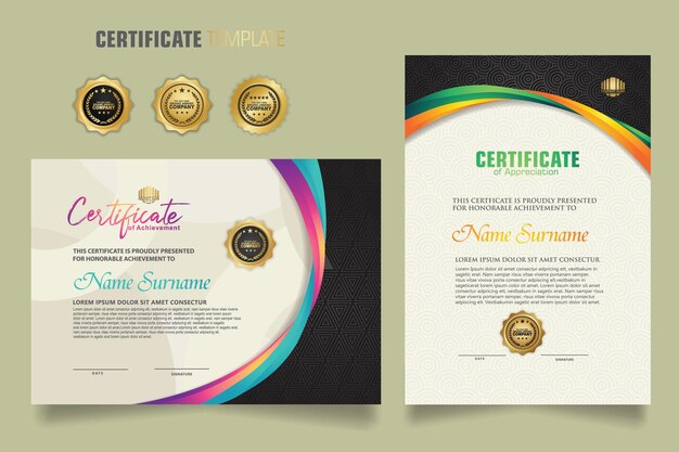 plantilla de certificado de lujo con colores dinámicos y atractivos en ornamento de forma de línea curva