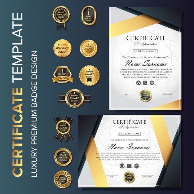 Plantilla de certificado de lujo profesional con insignia