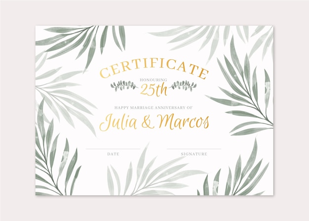 Plantilla de certificado de matrimonio en acuarela