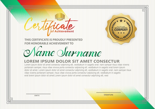 Plantilla de certificado moderna con adorno de semitono diagonal en la ilustración de vector de fondo