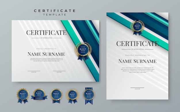 Plantilla de certificado moderno degradado azul premium Plantilla de certificado de logro azul con insignia para el logro de diploma de premio plantilla de documento elegante de honor empresarial