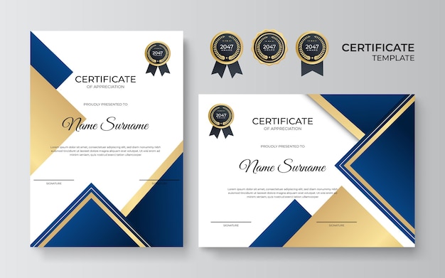 Plantilla de certificado moderno elegante azul y dorado