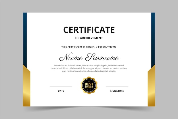 Plantilla de certificado moderno elegante azul y dorado