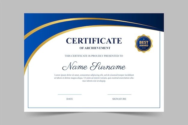 Plantilla de certificado moderno elegante azul y dorado
