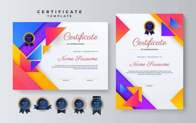 Plantilla de certificado moderno con formas abstractas coloridas Se puede utilizar para tarjeta de visita diploma invitación premio logro grado medalla evento deportivo y reconocimiento