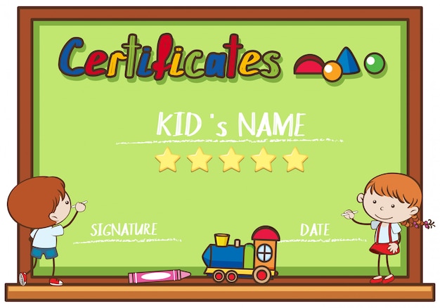 Vector plantilla de certificado con niños escribiendo a bordo