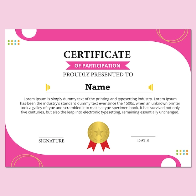 plantilla de certificado de participación con un marco rosa elegante y moderno