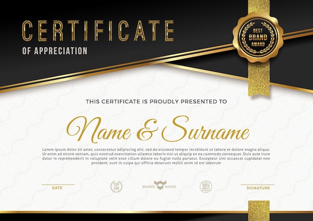 Plantilla de certificado con patrón guilloche y elementos dorados de lujo.