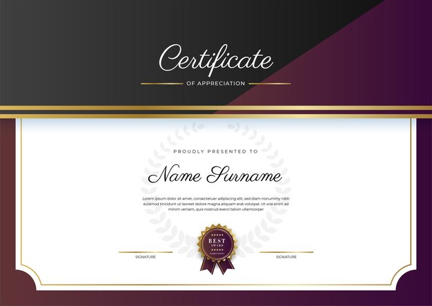 Plantilla de certificado con patrón de lujo moderno y líneas doradas Ilustración vectorial y vector Diseño de insignias premium de lujo Conjunto de insignias y etiquetas retro vintage