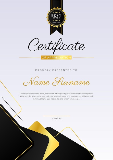 Plantilla de certificado con patrón de lujo moderno y líneas doradas Ilustración vectorial y vector Diseño de insignias premium de lujo Conjunto de insignias y etiquetas retro vintage