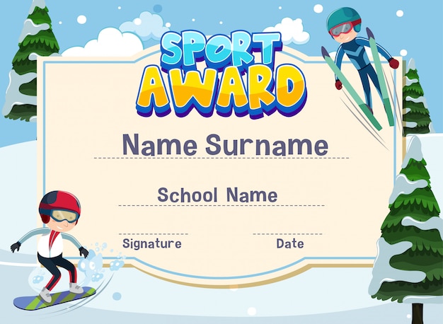 Plantilla de certificado para premio deportivo con niños jugando esquí