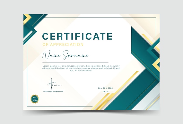 Plantilla de certificado de premio elegante gradación de color verde con patrón de línea de borde dorado moderno