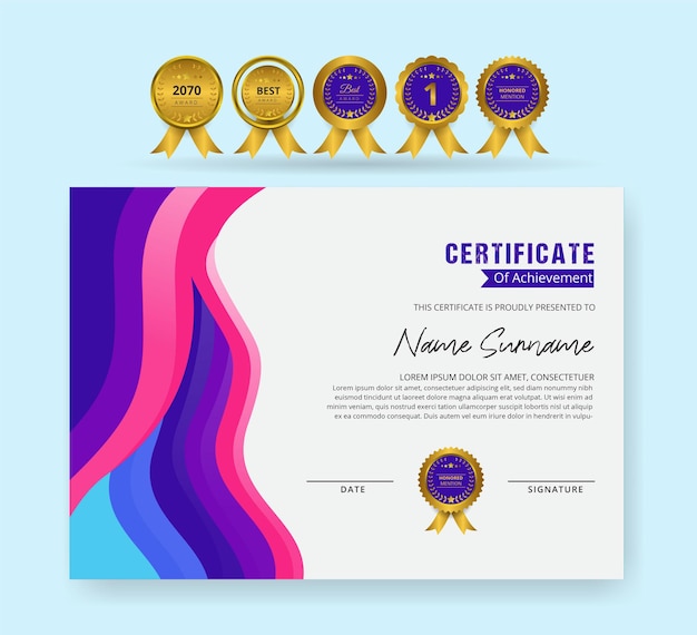 Vector plantilla de certificado de premio con estilo colorido de lujo y distintivo dorado para necesidades de premios, negocios y educación