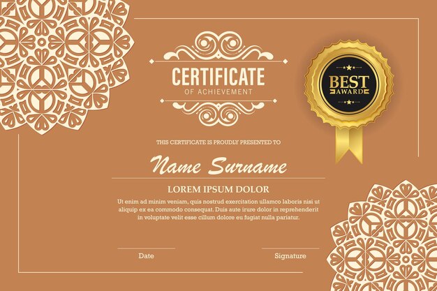 plantilla de certificado de premio de mandala